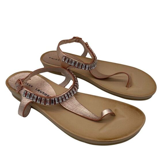 Chinese Laundry Flash Back Women's 7.5 Sandals Metallic Rose Gold Leather Thong - Picture 2 of 9